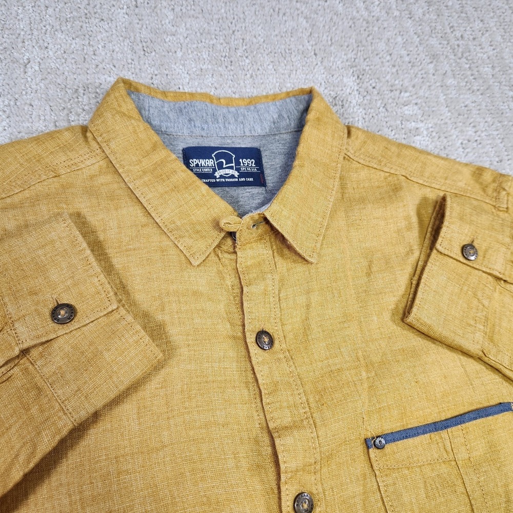 Loop Collar Shirt Men Medium Linen Long Sleeve Mustard Yellow Button Up Spykar